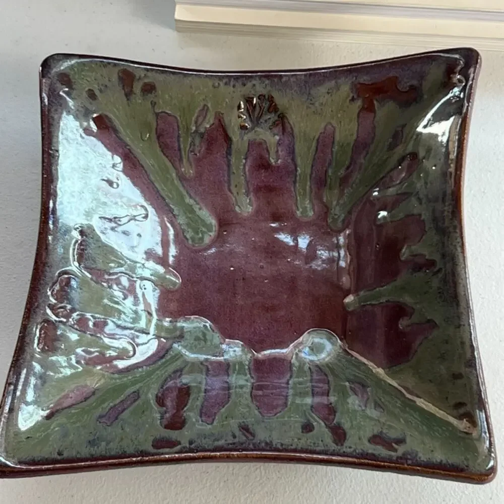 Signed Studio Art Trinket Tray Large Raised Square 9 x 1.5in Purple & Green Drip